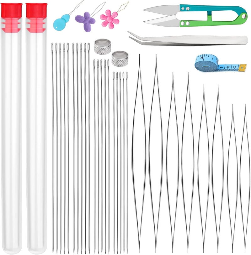 UOOU 39 Pcs Beading Needles for Jewelry Making Include 20 Pcs Long Straight Beading Needles,8 Pcs Big Eye Beading Needle,Needles for Seed Beads Set with Yarn Scissors,Thimble,Threaders - Image 1